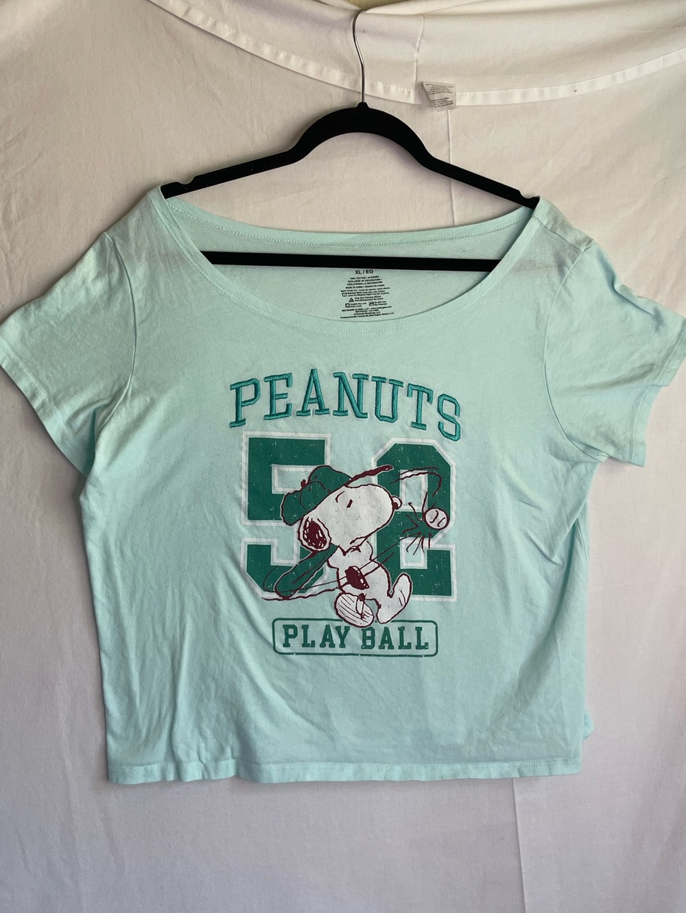 Peanuts Snoopy Baseball Graphic Tee Women's XL Mint Green Play Ball